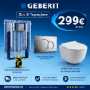 Σετ εντοιχισμού Geberit Sigma 8cm με πλακέτα χρωμέ και κρεμαστή λεκάνη HÄNNE REME Tornado Soft Close 299€.