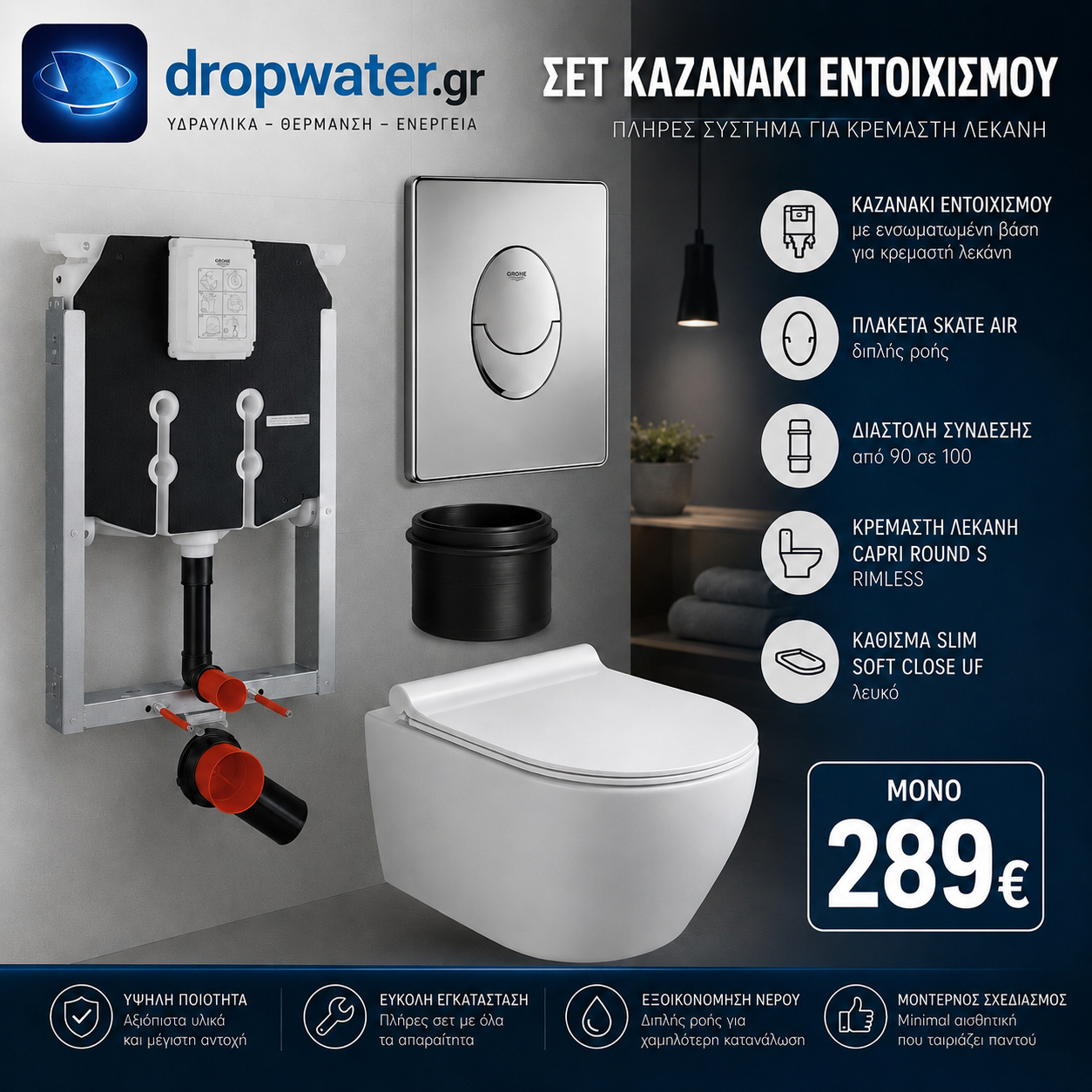 Σετ Εντοιχισμού GROHE με Κρεμαστή Λεκάνη Capri Round S Rimless & Πλακέτα Skate Air -